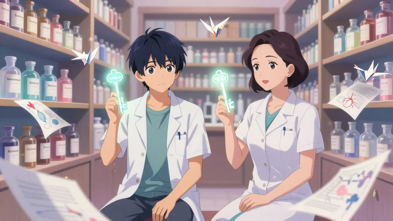 Dermatologist's office as a magical library with glowing acne treatment bottles and floating paper cranes.