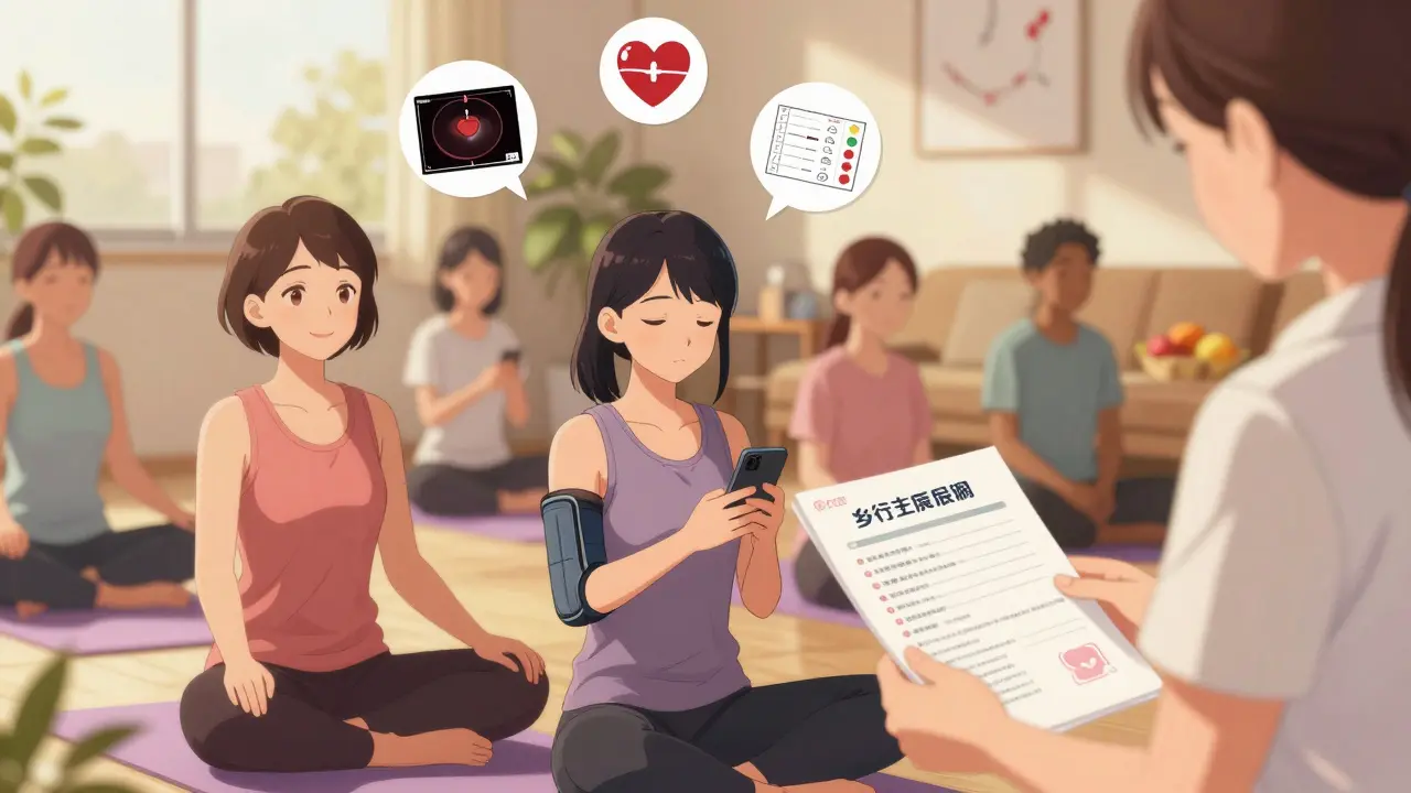 Diverse survivors gather in a community center, practicing yoga and receiving care plans under warm light.