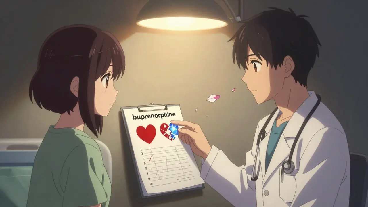 Doctor and patient comparing methadone and buprenorphine heart safety on a chart.