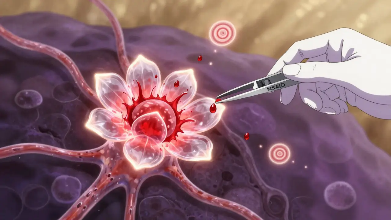 Glowing nociceptor flower being cleansed by NSAID tweezers, acid droplets dissolving into light amid golden violet mist.