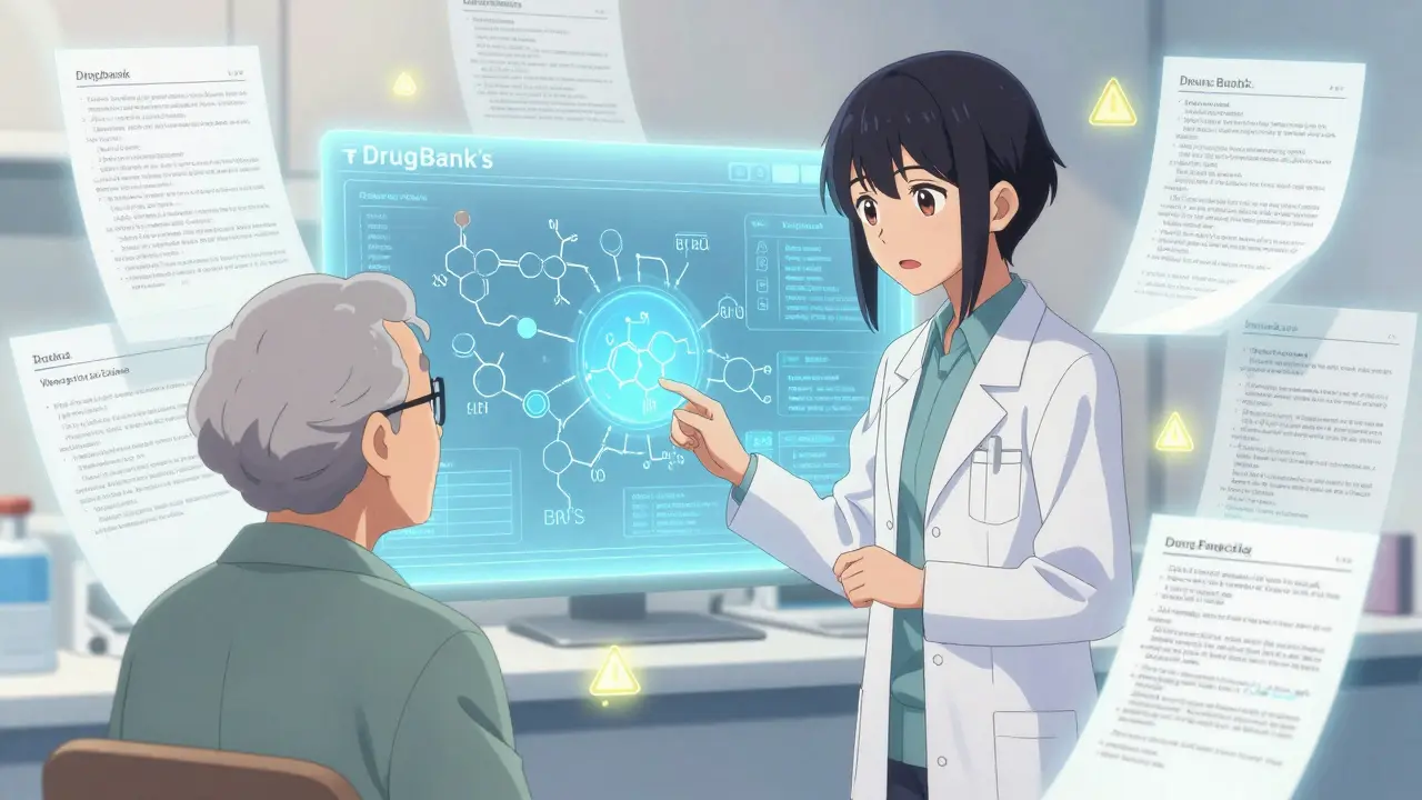 Pharmacist explaining complex drug data to an elderly patient, glowing biochemical diagrams in background.