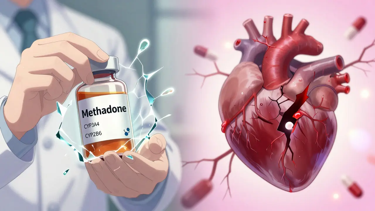 Pharmacist holding methadone prescription as CYP enzymes shatter, heart with blocked channel.