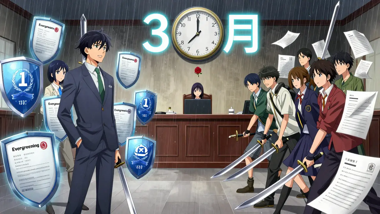 Rival teams in a courtroom battlefield with floating patents and a ticking 30-month clock.