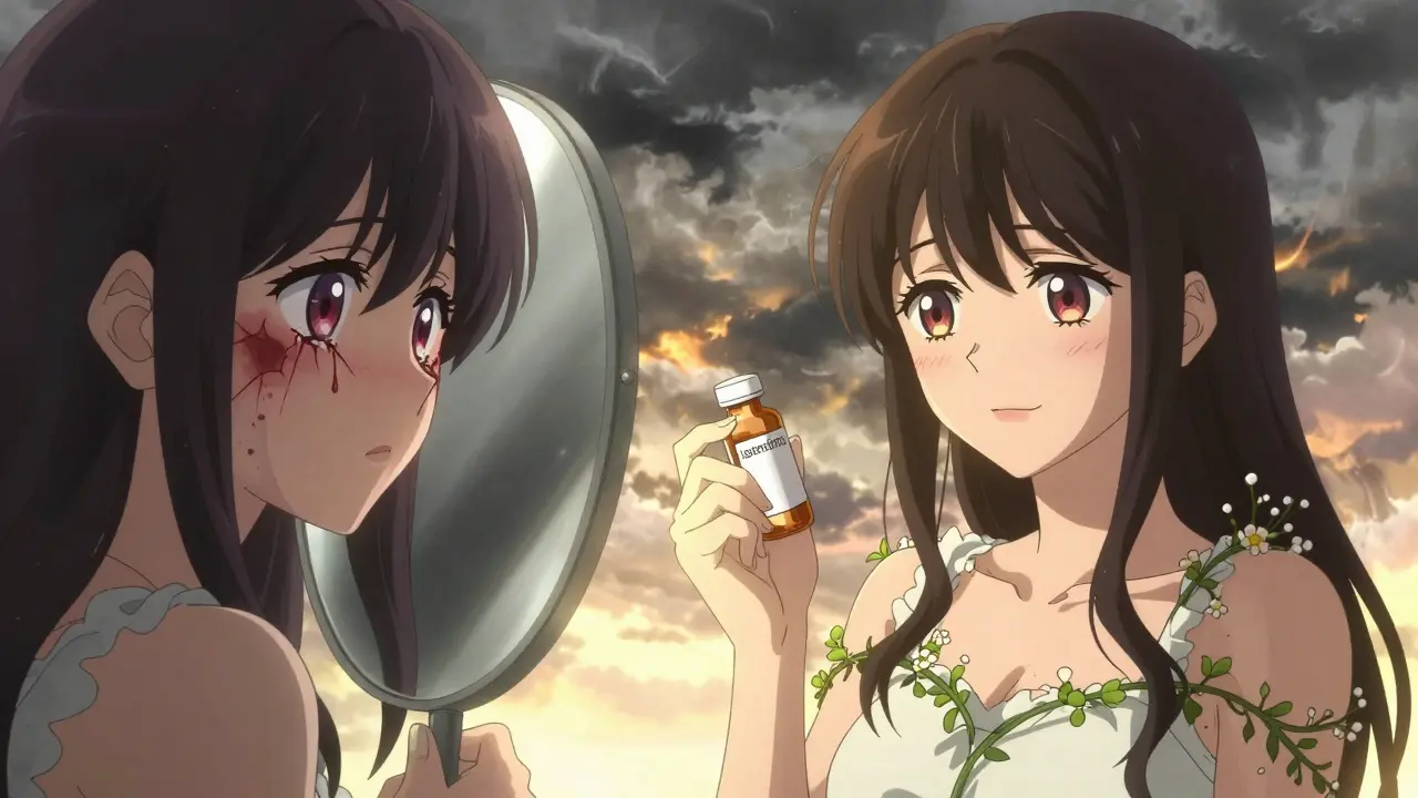 Split image: girl with cystic acne crying in mirror, then smiling with isotretinoin bottle in sunlight.