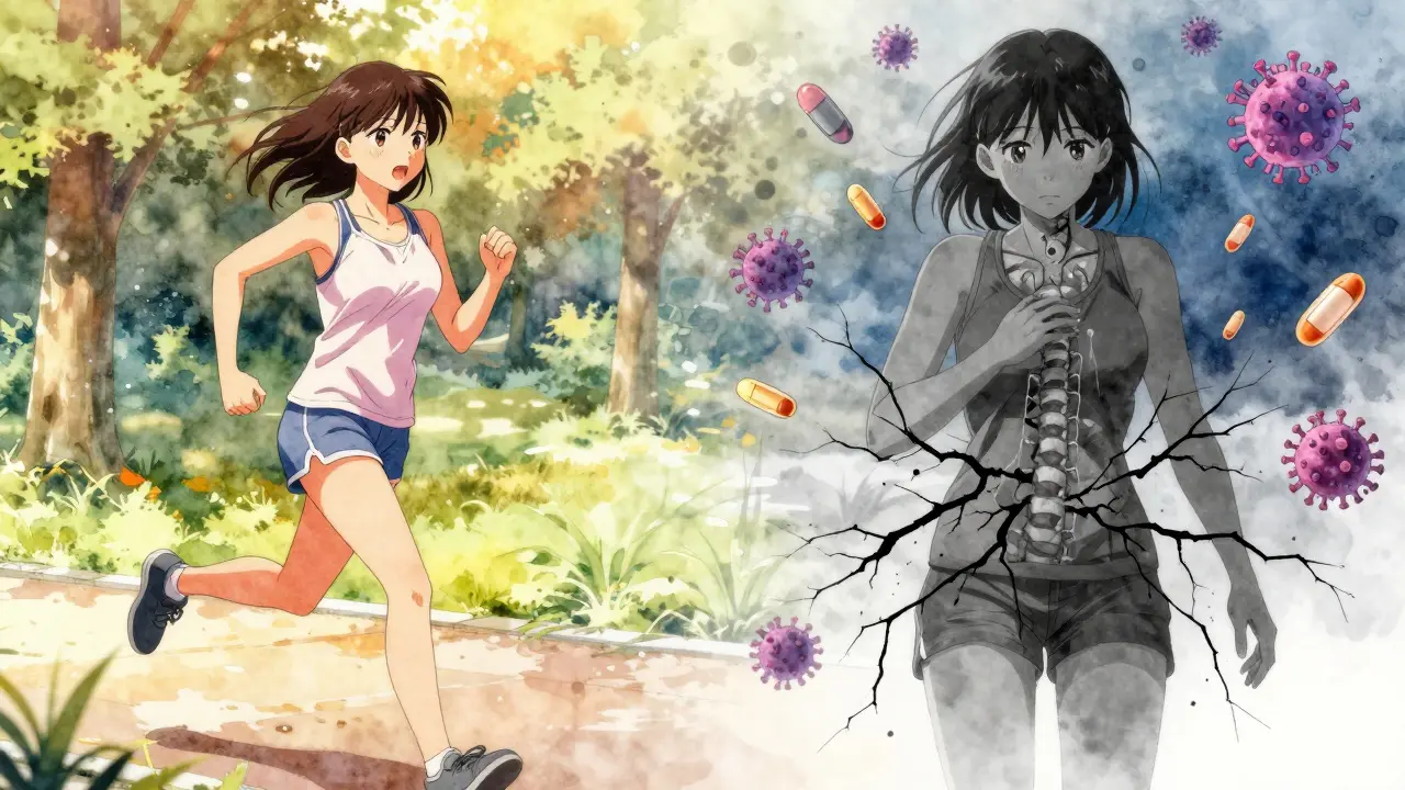Split image: vibrant woman jogging versus her dimming, cracked nervous system, with vitamin D and virus symbols floating nearby.