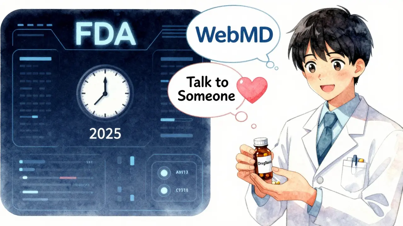 Split scene: distant FDA clock vs. caring pharmacist holding pill bottle, symbolizing human over digital advice.