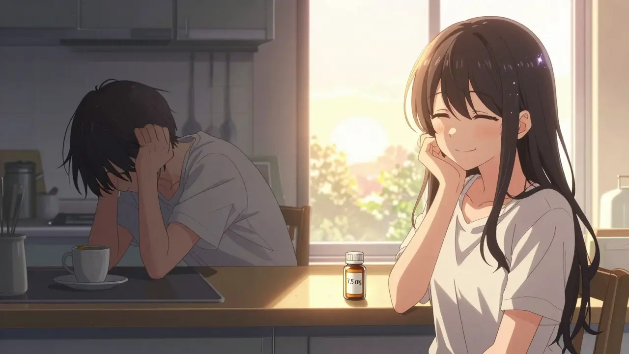 Split scene: one side shows groggy morning drowsiness, the other bright alertness at sunrise.