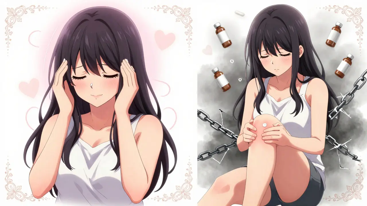 Split scene: woman taking acetaminophen for a headache vs. struggling with swollen knee, soft pink calm vs. gray haze.