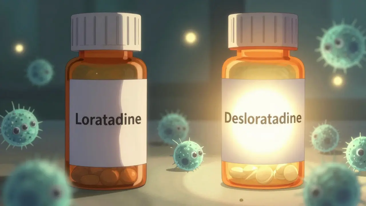 Two pill bottles compare: loratadine fading, desloratadine glowing with radiant energy.