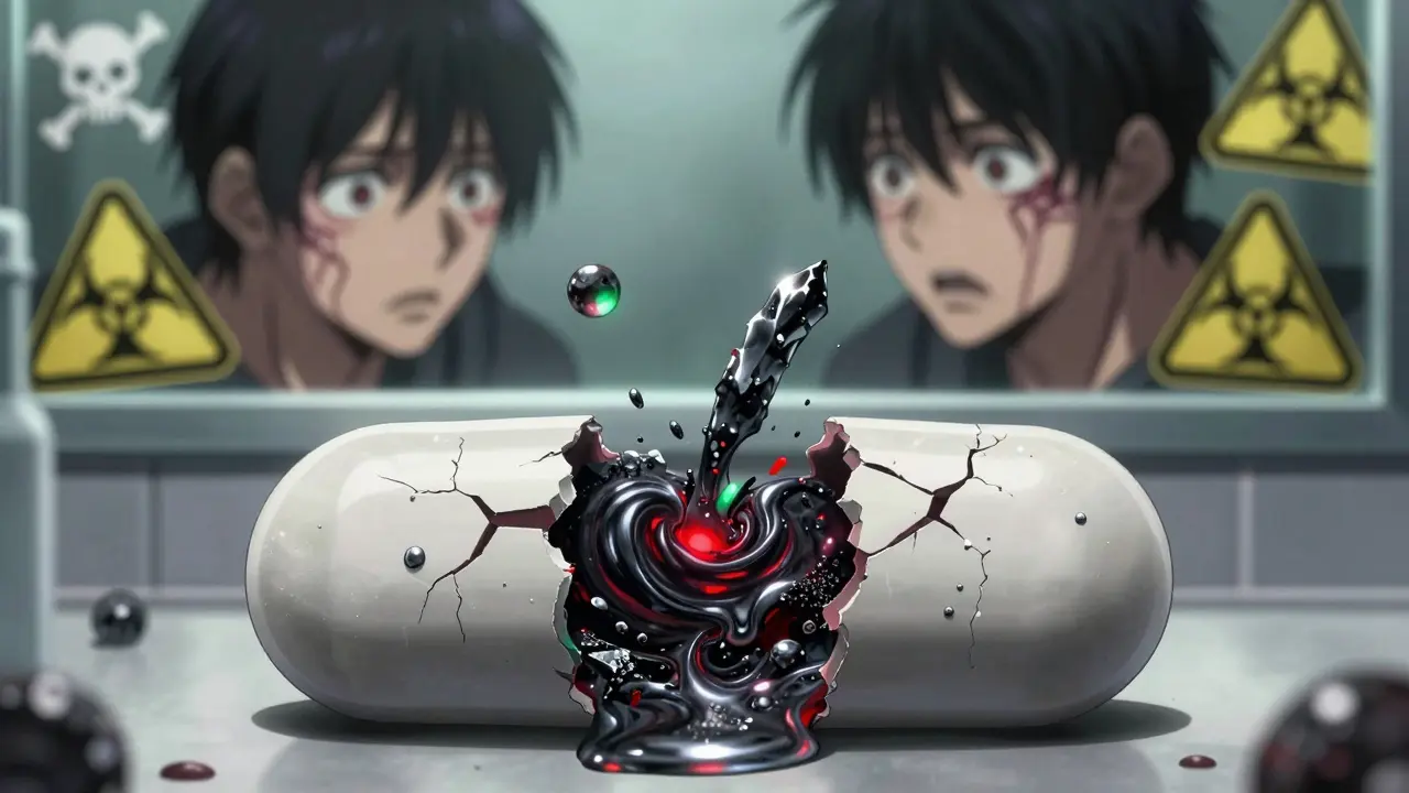 A counterfeit pill cracks open to reveal hidden toxins like fentanyl and mercury glowing inside.