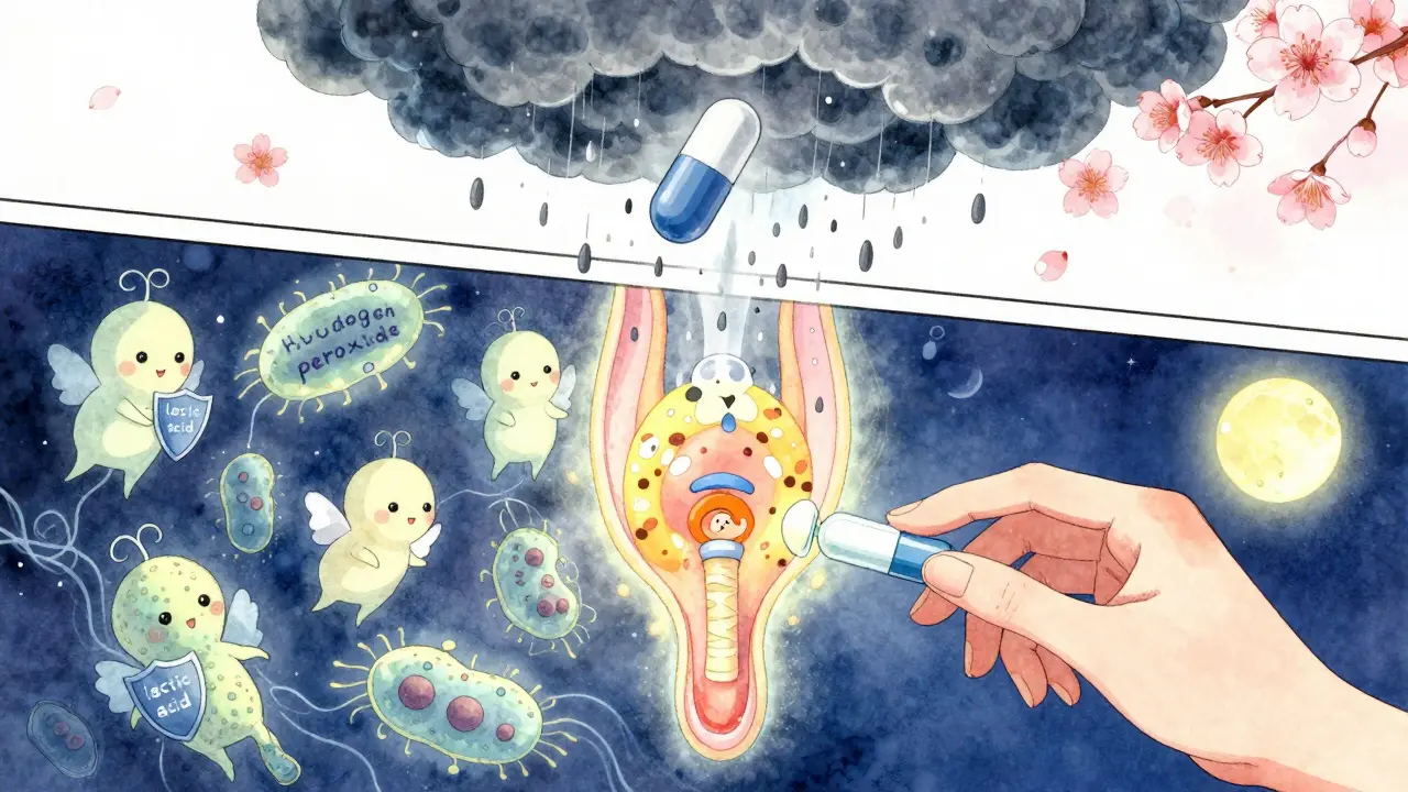 A delicate ecosystem of protective bacteria under threat from an antibiotic pill, with a suppository and cherry blossoms symbolizing healing.