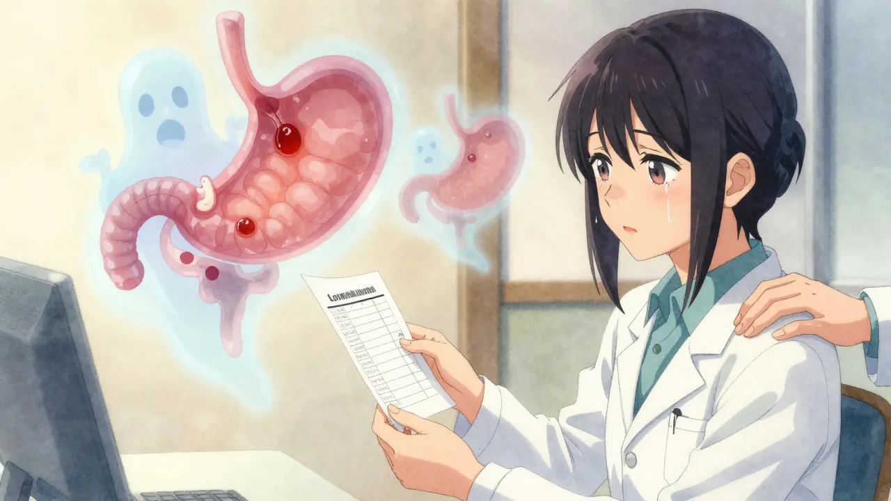 A doctor and patient in a clinic, with ghostly ulcers floating behind them, as the patient holds a blood test showing low hemoglobin.