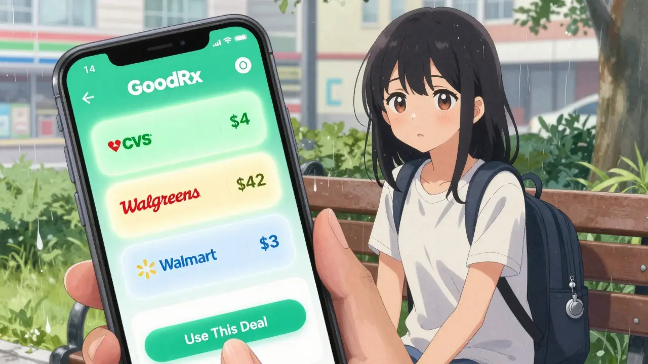 A girl compares pharmacy prices on her phone, seeing  at CVS while others are much higher