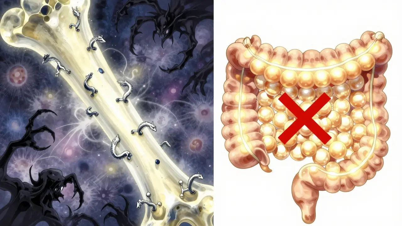 A glowing bone structure with molecular dragons blocking osteoclasts while calcium orbs form a barrier in the gut.