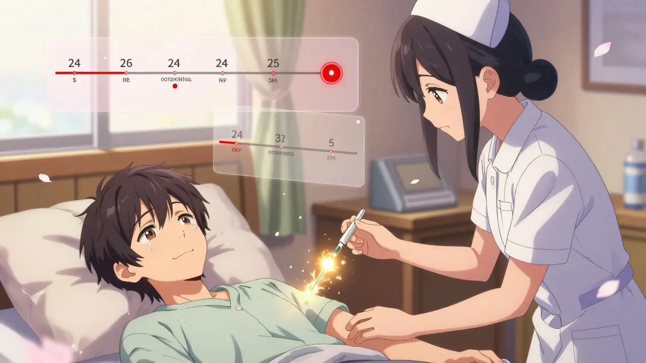 A nurse giving an octreotide injection to a patient in a sunlit room, with a timeline of treatment floating nearby.