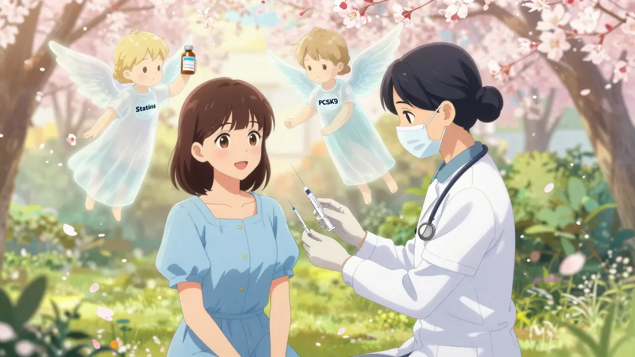 A patient receiving an inclisiran injection in a garden, with symbolic angels holding statin and PCSK9 symbols above them.
