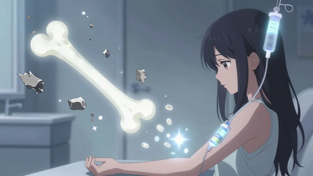 A woman receives an IV bisphosphonate, bones glowing with health as pills dissolve into sparkles in the background.