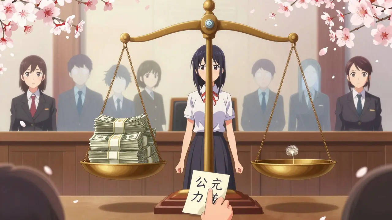 A young activist balances corporate wealth against a single dandelion seed of public interest