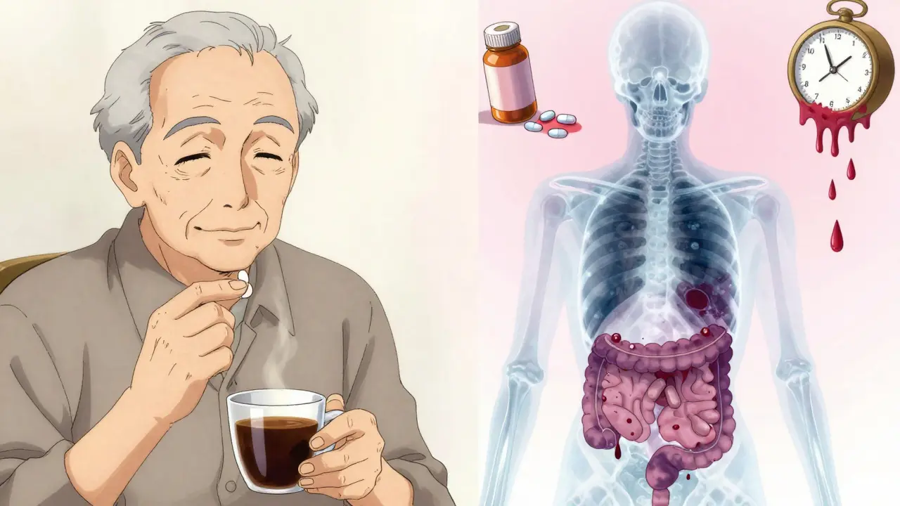 An elderly man taking aspirin daily, his transparent body revealing hidden gastrointestinal bleeding like drifting red petals.
