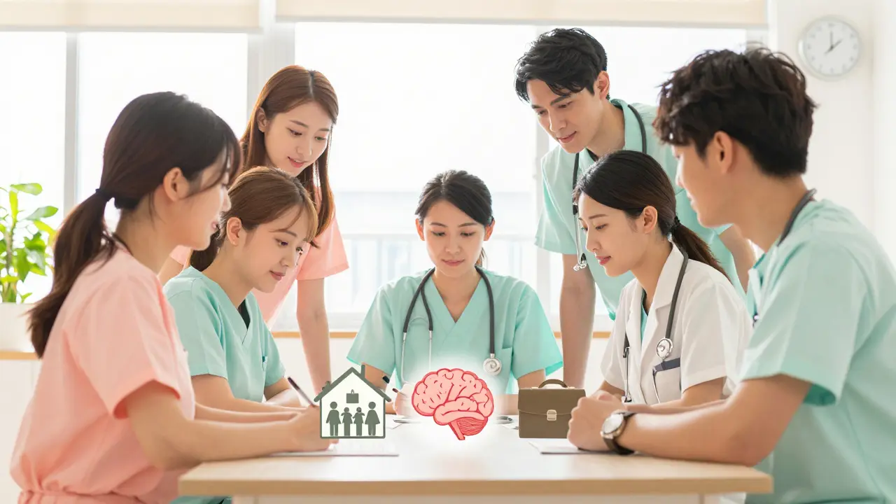 Healthcare team collaborating on psychosis care, shoujo style