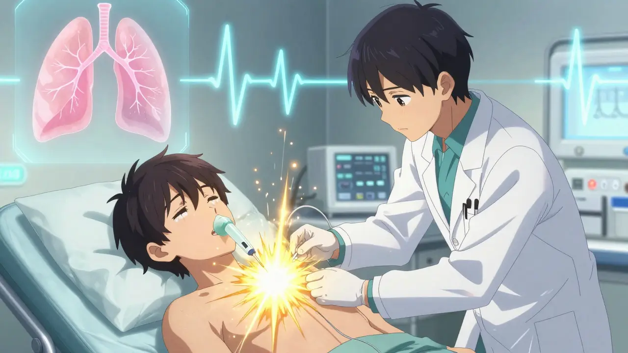 Paramedic performing needle decompression, golden air bursting, glowing medical icons.