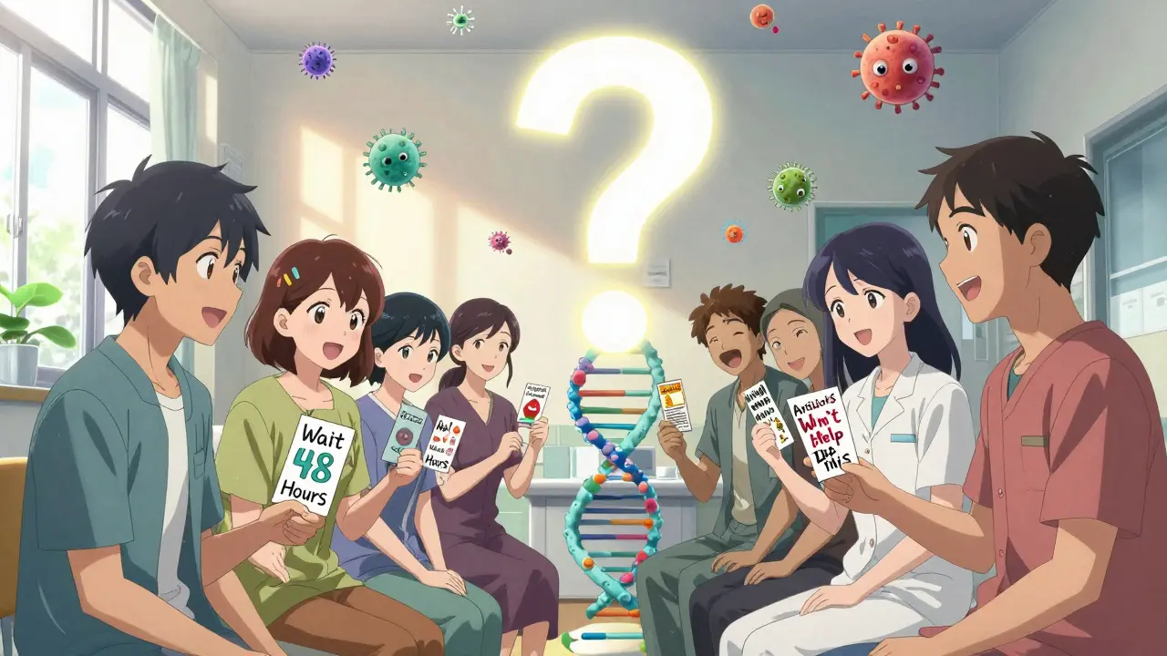 Patients exchange educational cards about antibiotic use in a sunlit clinic, microbes floating peacefully.