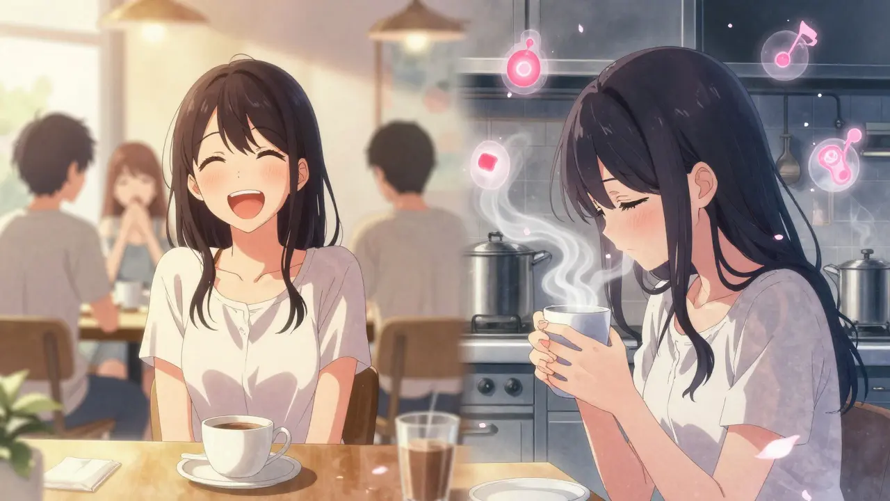 Split scene: a woman smiling with friends on one side, alone and weary in a kitchen on the other, with floating hormone symbols.