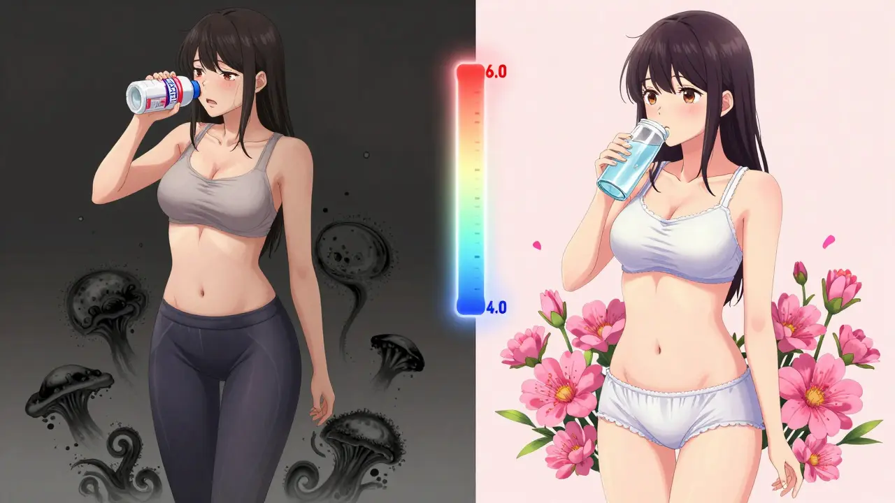 Split scene: one side shows distress with synthetic clothing and fungal spores, the other shows health with cotton underwear and blooming bacteria.
