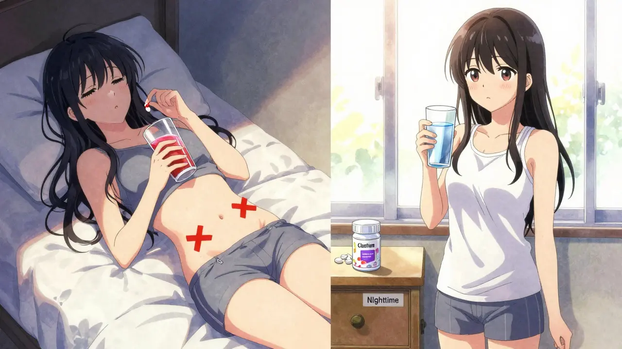 Split scene: one side shows failed bisphosphonate absorption, the other shows correct morning routine with sunlight.