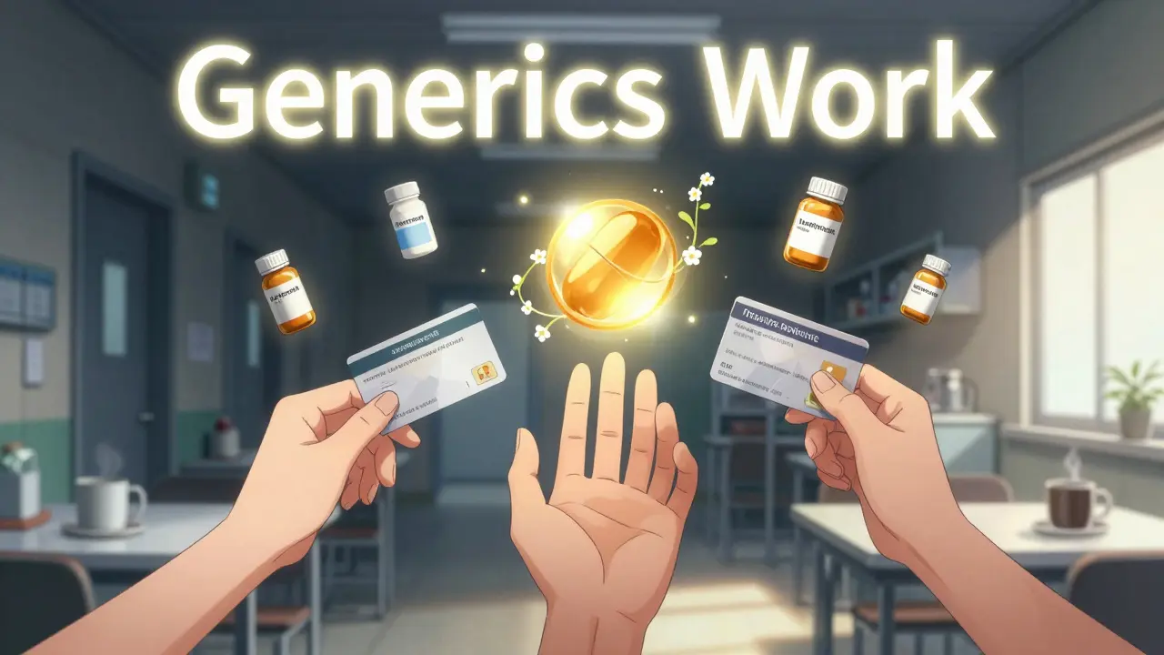 Three hands reach for a glowing generic pill as discount and insurance cards float beside it