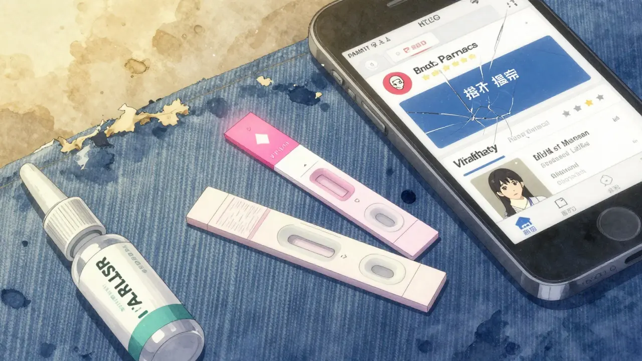 Two fentanyl test strips and a naloxone spray sit beside a cracked phone showing a fake pharmacy site.