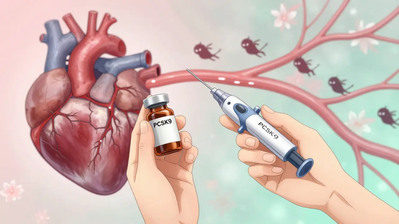 Two hands holding statin bottle and PCSK9 injector, with heart and LDL particles depicted in delicate floral patterns.