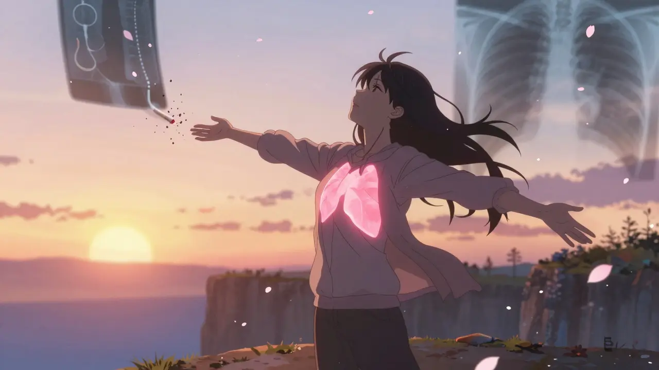 Woman breathing freely at sunset, lungs glowing, smoking cigarette turning to petals.