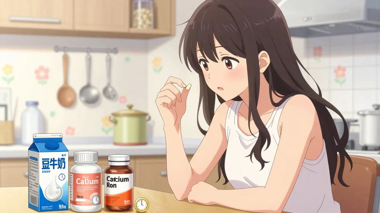 Woman in kitchen with calcium, iron, and soy supplements near thyroid pill, separated by clocks.