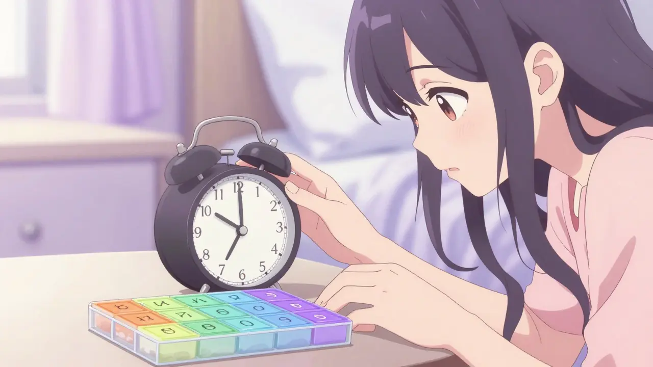 Woman setting alarm clock beside pillbox with color-coded compartments on bedside table.