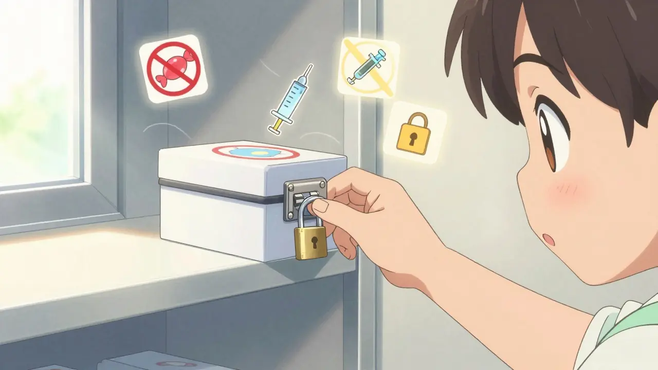 A child closing a locked medicine box with a magnetic latch, glowing with safety symbols.