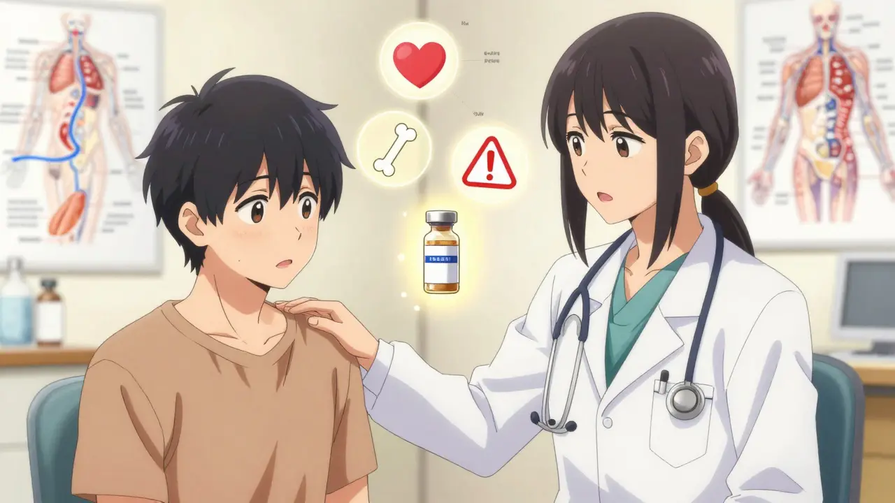 A doctor and patient in a clinic with a glowing testosterone vial and floating health icons, symbolizing treatment options.