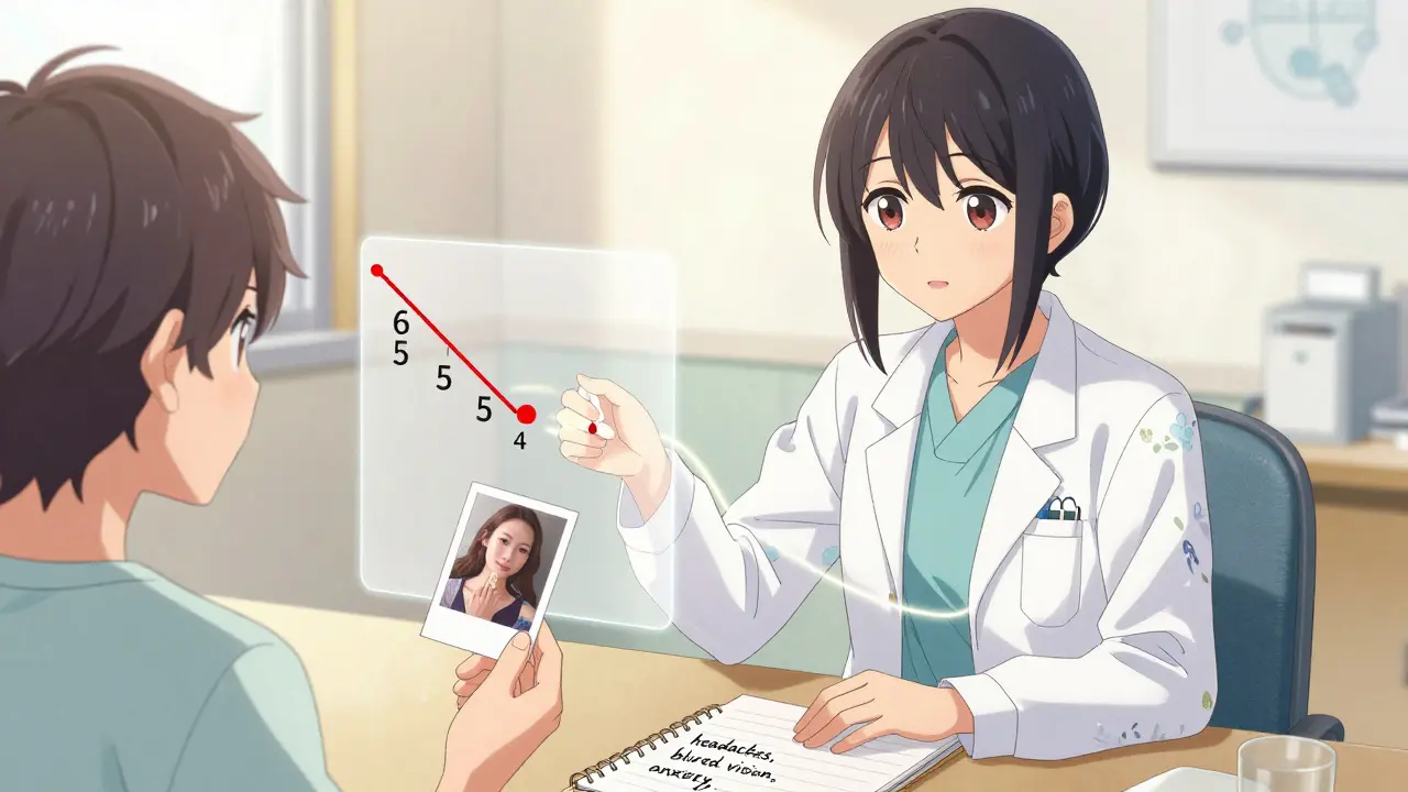 A doctor explains blood test results to a patient in a sunlit clinic, with translucent serum level readings visible nearby.