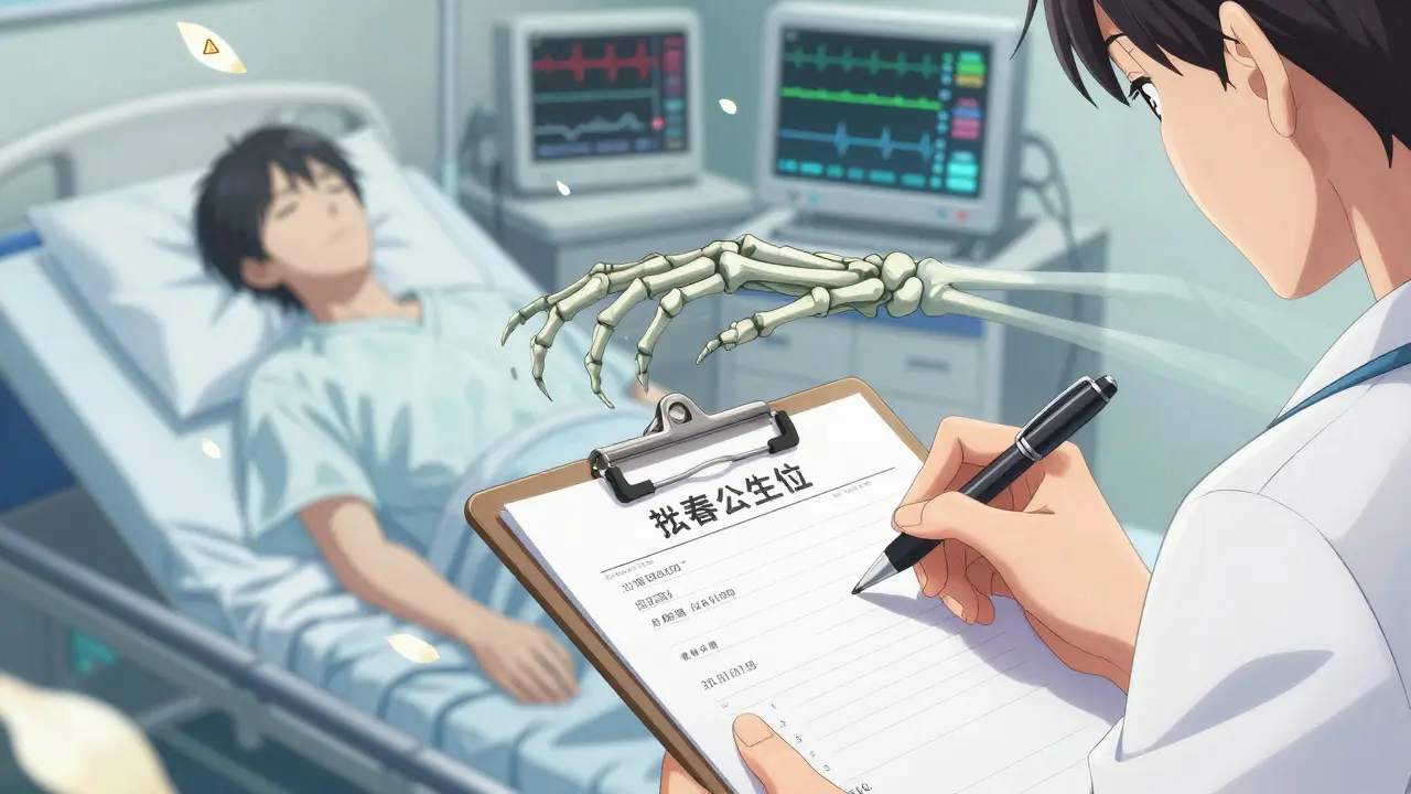 A doctor writing a prescription as ink turns into skeletal hands reaching for a patient’s chest in a hospital room.