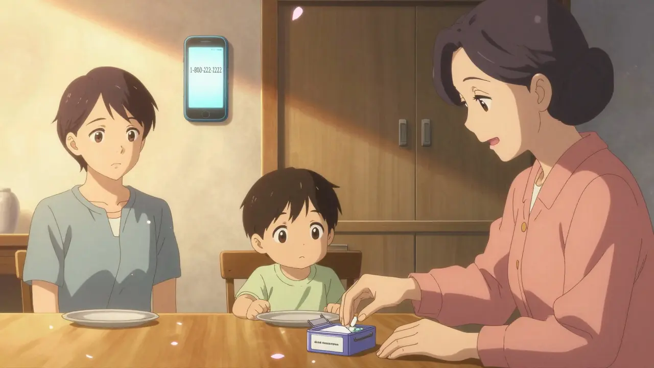 A family at dinner with Poison Control number displayed, a locked cabinet in the background.