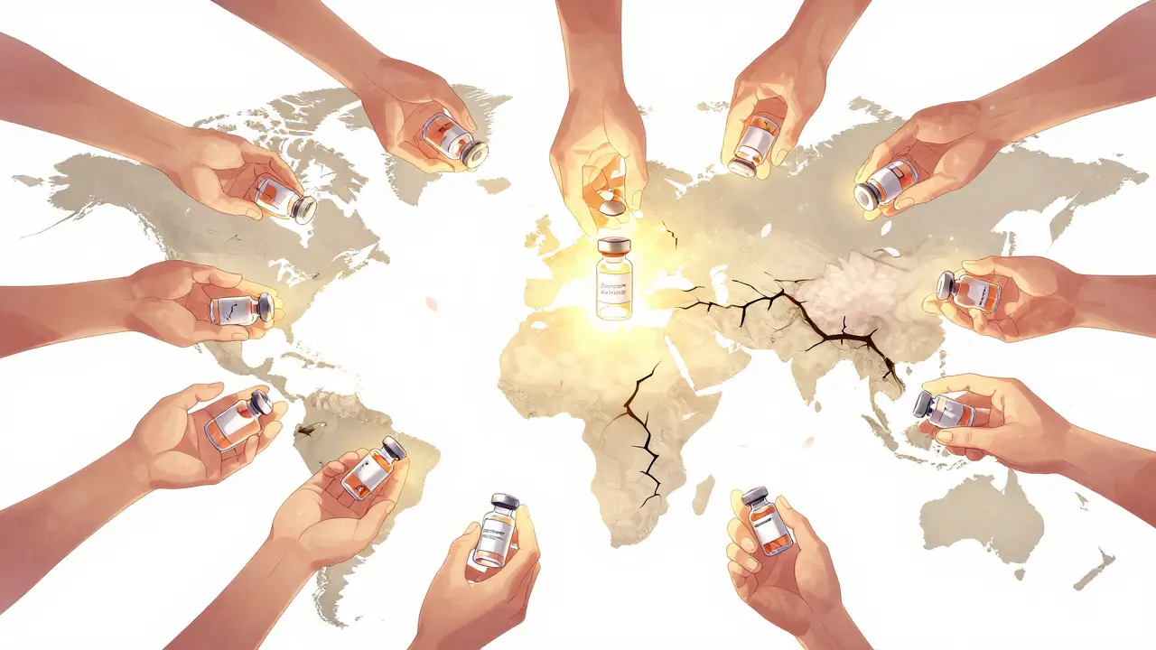A global map of hands holds failing antibiotic vials, with one glowing vial symbolizing hope.