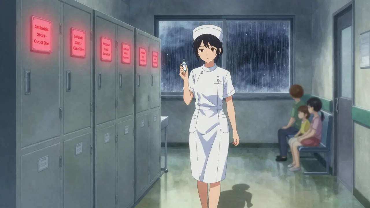 A nurse holds the last vial of colistin while passing locked, empty antibiotic cabinets.