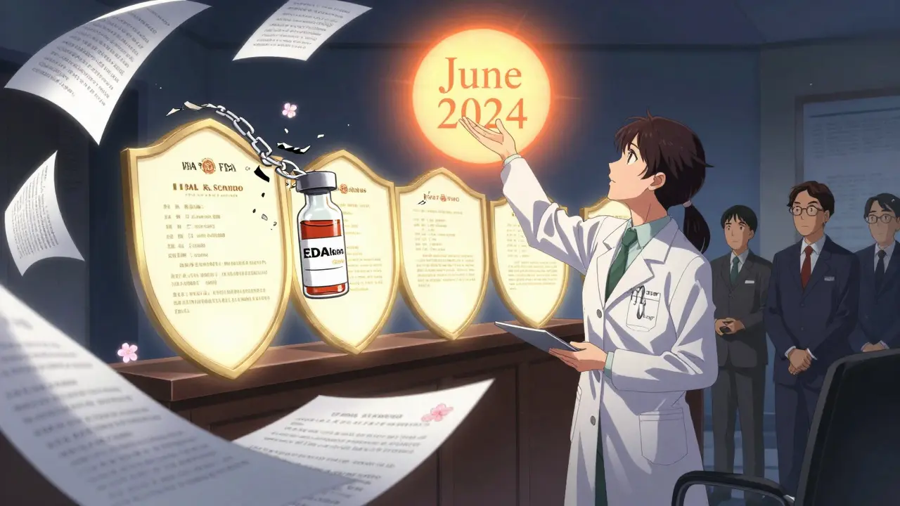 A scientist in a U.S. courtroom breaks legal chains blocking a biosimilar, as sunlight shines through with 'June 2024' in soft kanji.