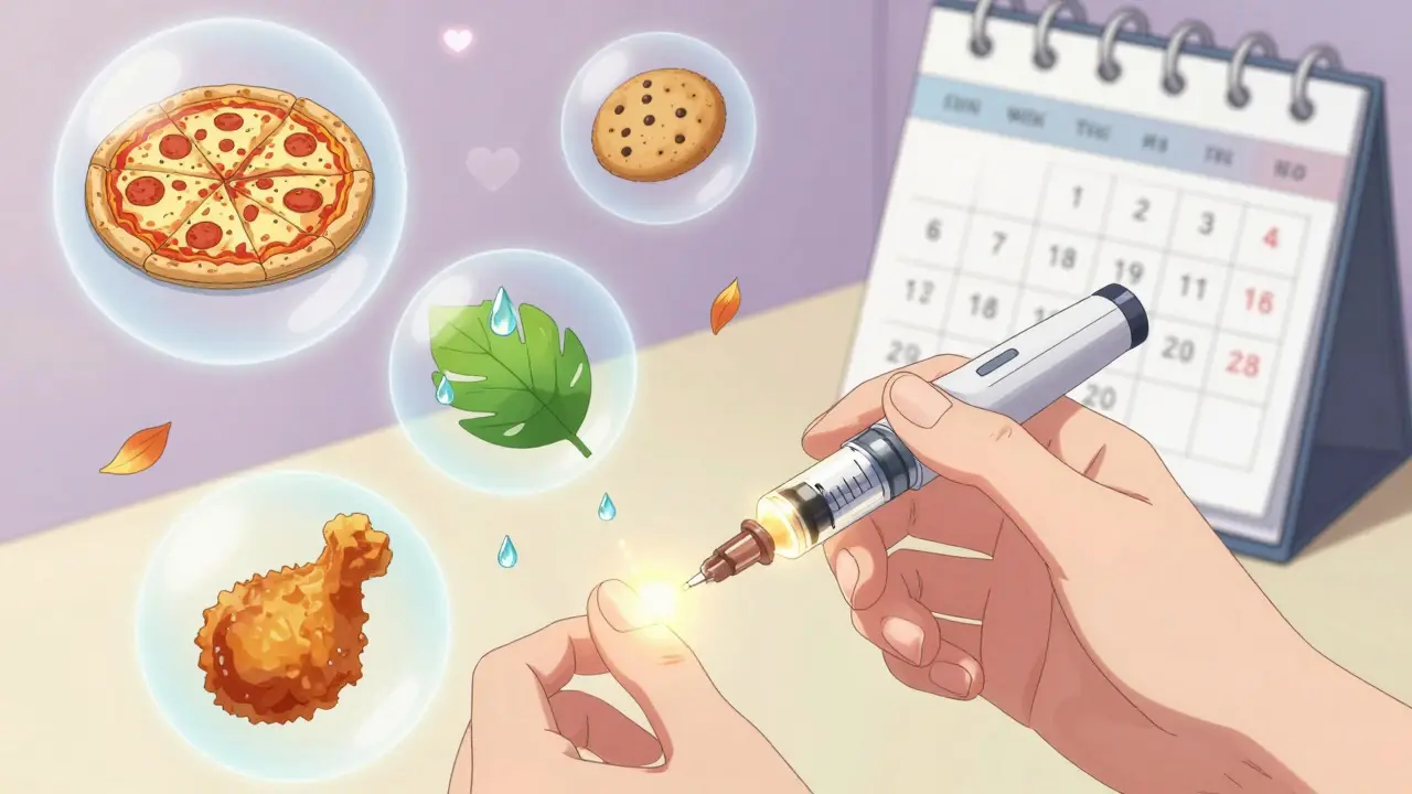 A weekly injection pen glows softly as cravings fade into calm leaves and water droplets.