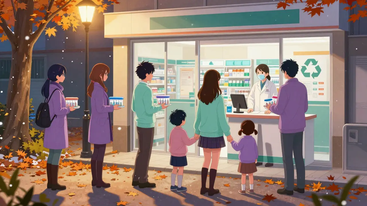 Community members deliver medical waste to pharmacy under autumn lamplight