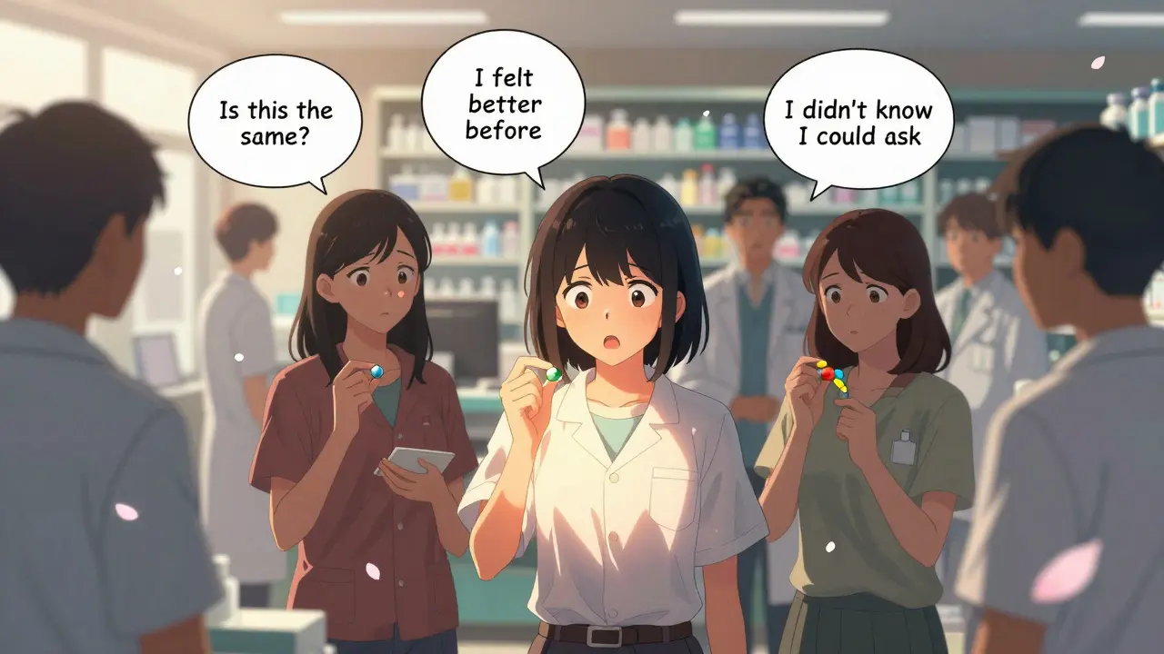 Diverse patients in a pharmacy stare at differently colored pills, with thought bubbles expressing confusion and concern.
