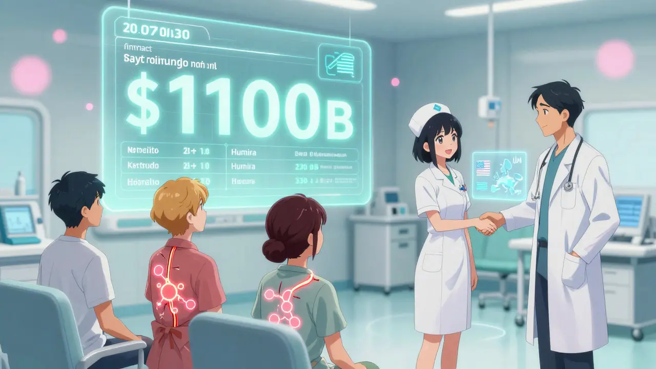 Diverse patients receive biosimilars in a 2030 hospital, with glowing molecular patterns and a hologram of EMA and FDA shaking hands.