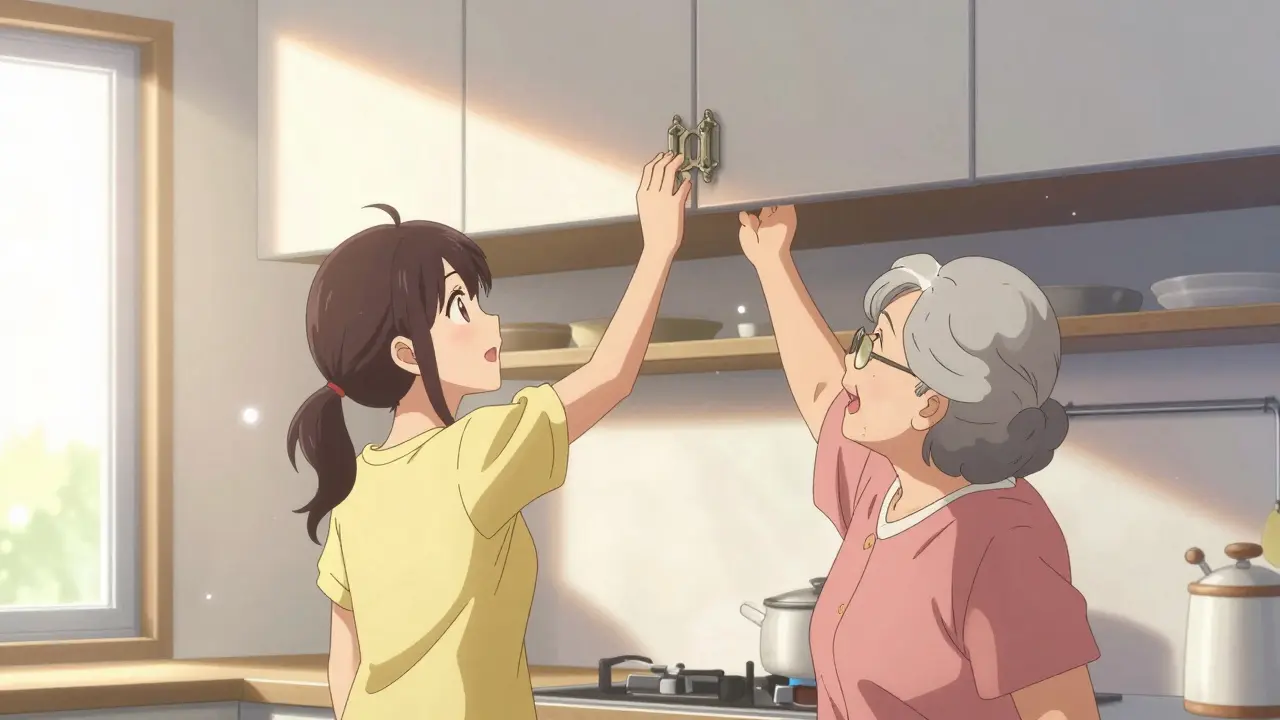 Family securing medicine in a high locked kitchen cabinet