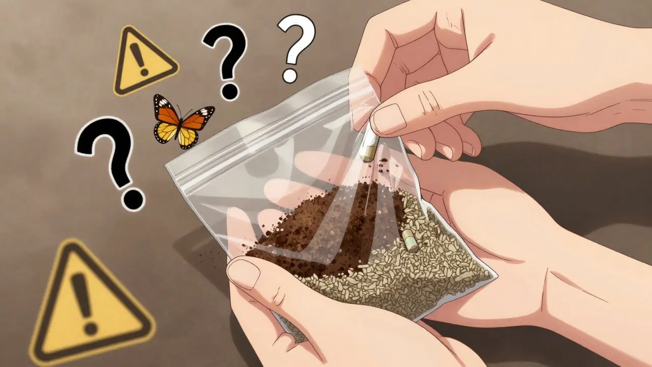 Hands mixing pills with coffee grounds and cat litter in a sealed bag, surrounded by dissolving warning symbols.