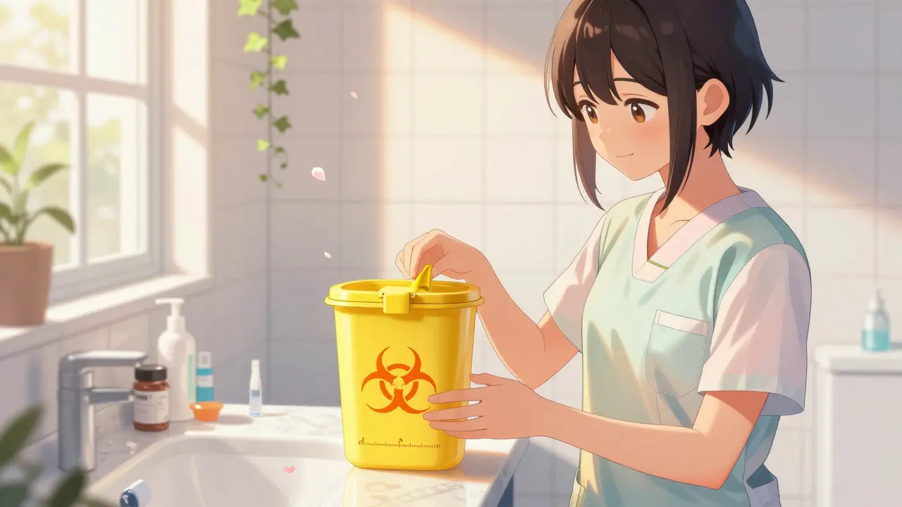 Patient deposits syringe into labeled sharps container in bright bathroom